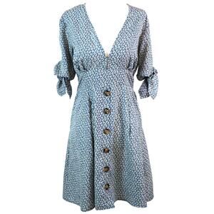 Hyped Unicorn Blue Floral Dress Ditsy Daisies Boho Spring Tie Sleeves Womens M